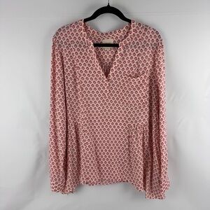 Maeve by Anthropologie Pink Laiken Henley Motif Pleated Tunic Top Blouse